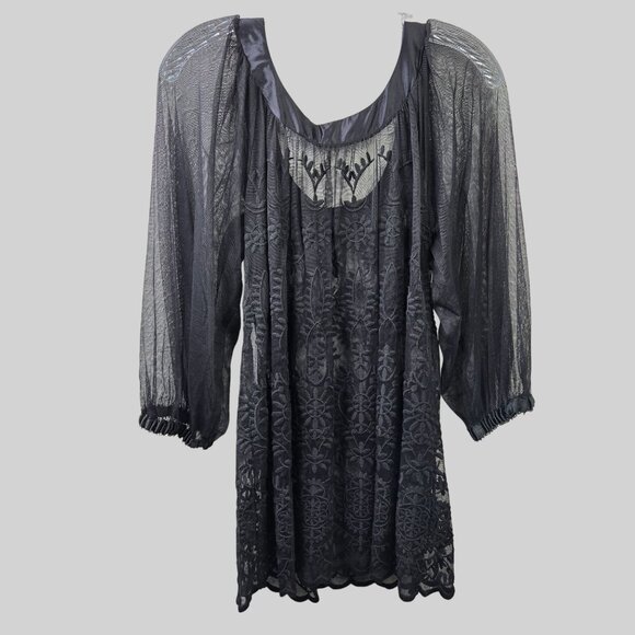 Karen Kane Blouse M Black Sheer Mesh Lace Embroidered Floral Whimsygoth Silk Top - Picture 7 of 13